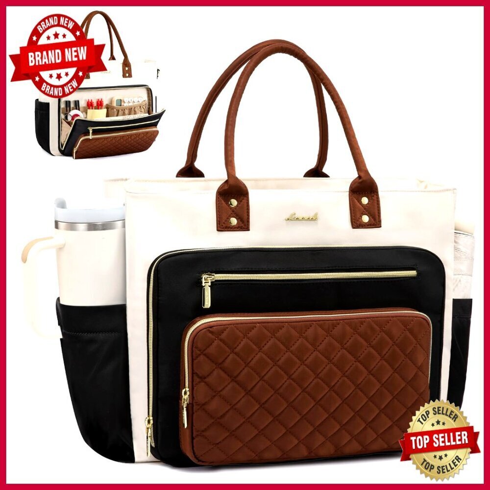 15.6 Inch Laptop Tote Bag with Large Cup Holder, Multi-Pocket Work Bag
